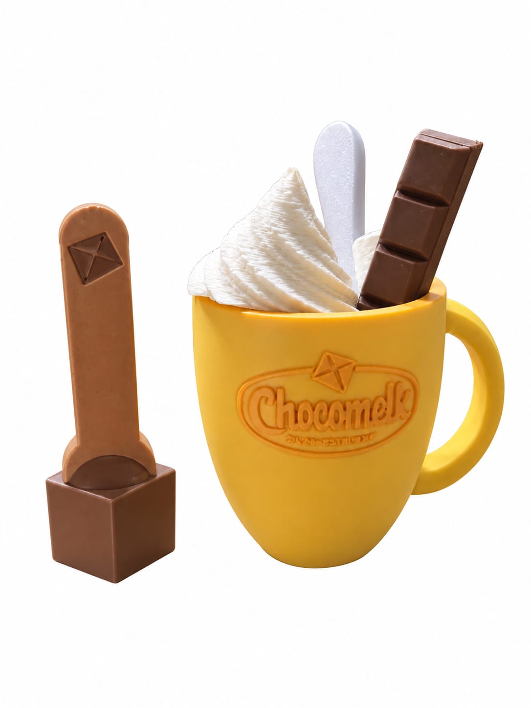 Speelkeukenset om chocolademelk te maken, met mok, marshmallows en chocoladedruppels, handgemaakt en 3D-geprint in België