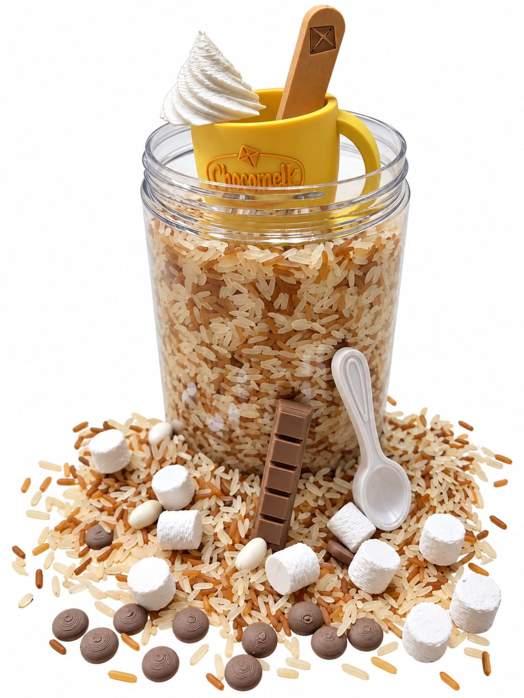 Play It chocomelk van Play This Way, speelpot met speelrijst, gele mok, marshmallows en chocoladedruppels