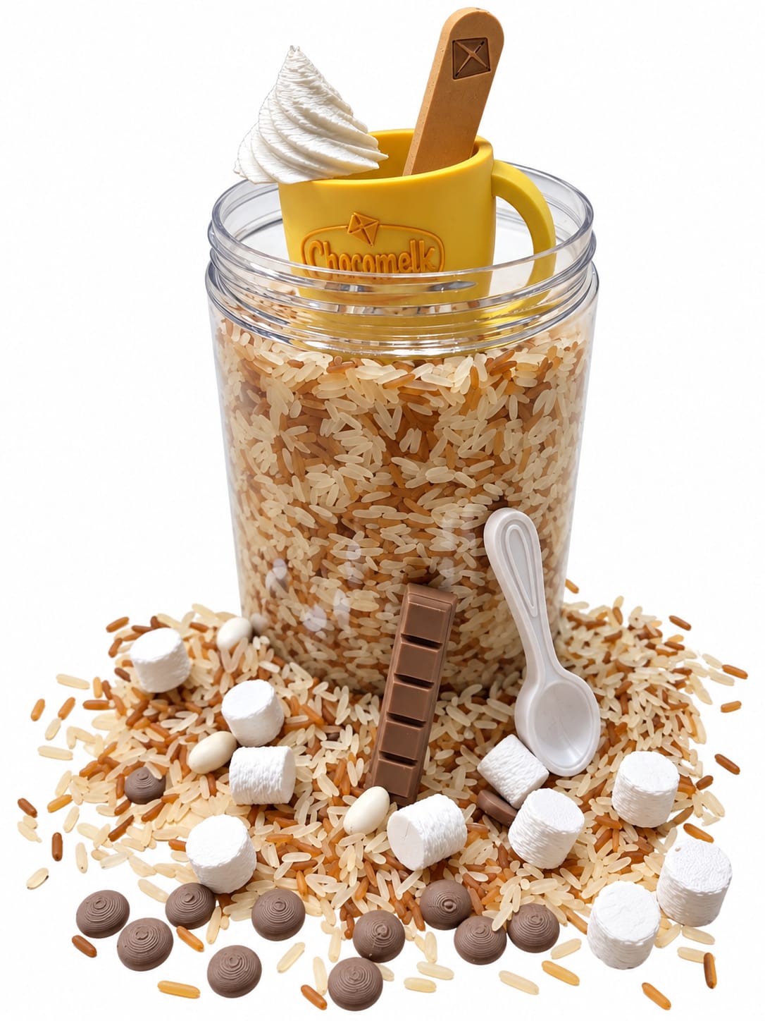Play It chocomelk van Play This Way, speelpot met speelrijst, gele mok, marshmallows en chocoladedruppels